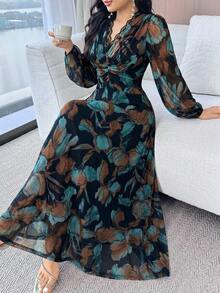 Modelyn 女款全花卉印花蕾絲拼接領口休閒日常長洋裝 - 彩色 - 查看 5