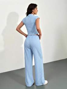 SHEIN Tall 2件組女款夏季純色立領百褶上衣與長褲套裝，休閒運動居家服，嬰兒藍，適合高個女性 - 淺藍色 - 查看 2