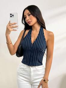 SHEIN PETITE 女款純棉海軍藍立領單排扣背心薄款西裝外套，適合夏季辦公商務休閒，小碼女款 - 藏蓝色 - 查看 5