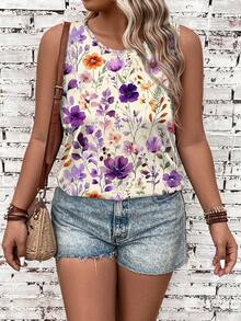 EMERY ROSE Floral Print Plus Size Round Neck Sleeveless Camisole - Multicolor - View 3
