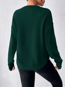 EMERY ROSE Suéter casual de manga larga con cuello redondo y hombros caídos de unicolor para mujer - Verde Oscuro - Ver 2