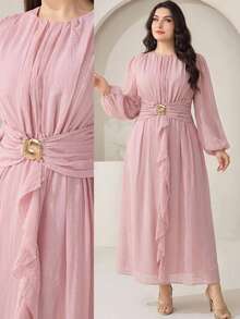 Solavon Vestido elegante de mujer talla grande con cuello redondo, mangas farol, patchwork y volantes - Rosa vieja - Ver 5