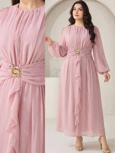 Veilorie Plus Size Women's Round Neck Lantern Sleeve Patchwork Ruffle Elegant Dress