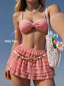 Swim Mod Women's Summer Beach Ruched Sexy Bikini Top - Red and White - View 8