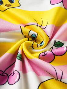LOONEY TUNES X SHEIN 女婴卡通崔弟和樱桃印花可爱甜美图案长袖T恤和打底裤睡衣套装 - 粉色 - 查看 5