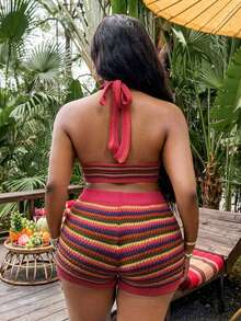 Slaydiva Plus Size Women's Vacation Striped Cropped Halter Neck Cover Up Top And Cover Up Shorts Set - Multicolor - View 2