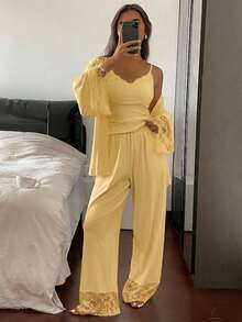 DAZY 3pcs Charming Lace Patchwork Lapel Camisole & Long Pants Women's Pajama Set - Yellow - View 5