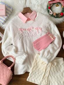 Comfortcana Women's Bow Decor Round Neck Long Sleeve Fleece T-Shirt, Autumn/Winter - White - View 6