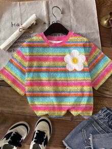 Young Girl Casual Simple Cute Fun Textured Yellow With 3D Flower Pattern, Round Neck Short Sleeve T-Shirt Suitable For Summer, Graphic Tee, Cozy, Tops - Multicolor - View 2