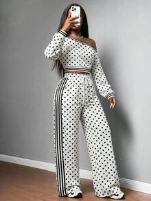 Slaydiva Conjunto casual de 2 piezas para mujer con top de manga larga y hombro asimétrico con estampado de lunares y pantalones - Multicolor - Ver 6