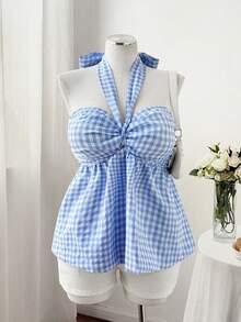Flirla Plus Size Brown Plaid Ruffle Halter Top, Spring/Summer Gym - Blue - View 3