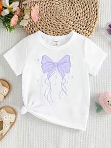 Elladie kids 女童幼童春夏秋款清爽可愛紫色蝴蝶結五角星圖案印花休閒基本款短袖T恤舒適日常穿搭 - 白色 - 查看 4