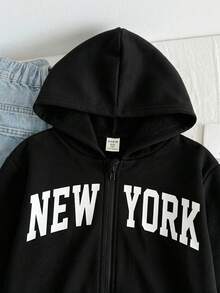 SHEIN 青少年女孩寬鬆休閒街頭風簡約舒適日常街頭風連帽修身前口袋短版長袖衛衣秋季外套 - 黑色 - 查看 4