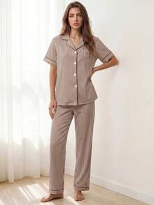 Liftille Ensemble de pyjama à col rayé et manches courtes - Tabac - Voir 1
