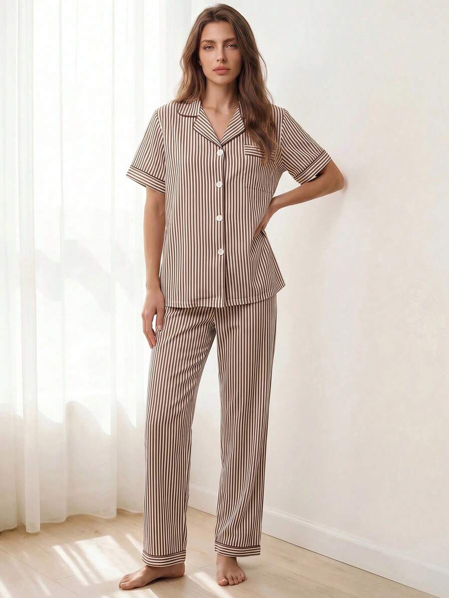 Liftille Ensemble de pyjama à col rayé et manches courtes - Tabac - Voir 1