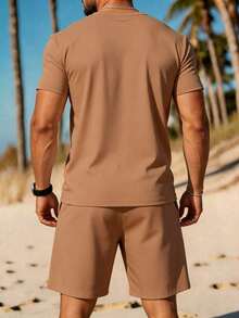 Manfinity Dauomo Men's Casual Summer Holiday Commute Solid Color Short Sleeve T-Shirt And Drawstring Waist Shorts Set Vacation Camel - Multicolor - View 2