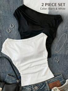 SHEIN 2pcs/Set Teen Girls Black & White Knit Casual Ruched Asymmetric Shoulder Fitted Cropped Versatile Tops - Black and White - View 3
