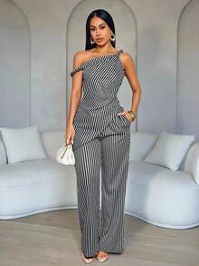 SOLERSUN Women's Chic Striped Asymmetrical Shoulder Twist Asymmetrical Hem Blouse & Wide Leg Pants With Pockets For Daily & Office,Striped Asymmetrical Two Pieces Set (Random Pattern - Black and White - View 6