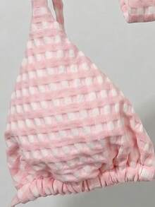 Elavelle 女款春夏緹花布料掛脖綁帶串珠比基尼套裝，粉色性感沙灘派對風 - 粉色 - 查看 4