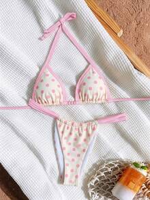 Elavelle Conjunto de bikini halter con estampado aleatorio para mujer, primavera/verano - Multicolor - Ver 2