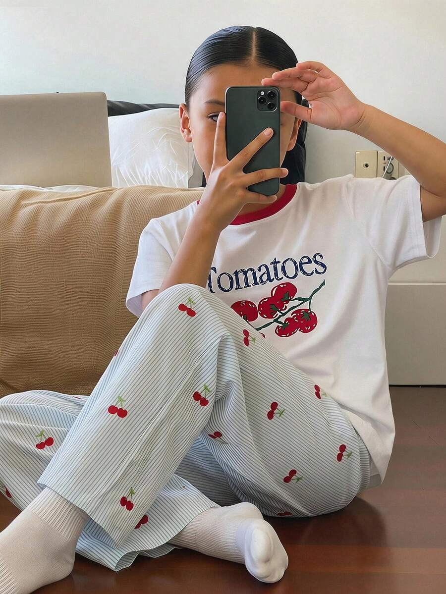 DAZY 對比色圓領圖案印花T恤套裝，休閒青少年女孩居家服 - 藍色 - 查看 1