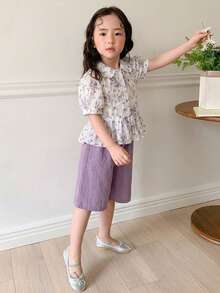 Dazy Kids 女童碎花單排扣短袖泡泡袖襯衫與短褲可愛兩件套 夏季 - 淡紫色 - 查看 4