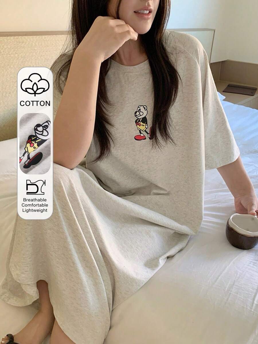 Dazy Plus Cartoon Pattern Loose Long T-Shirt Style Nightgown, Suitable For All Seasons Summer - Grey - View 1