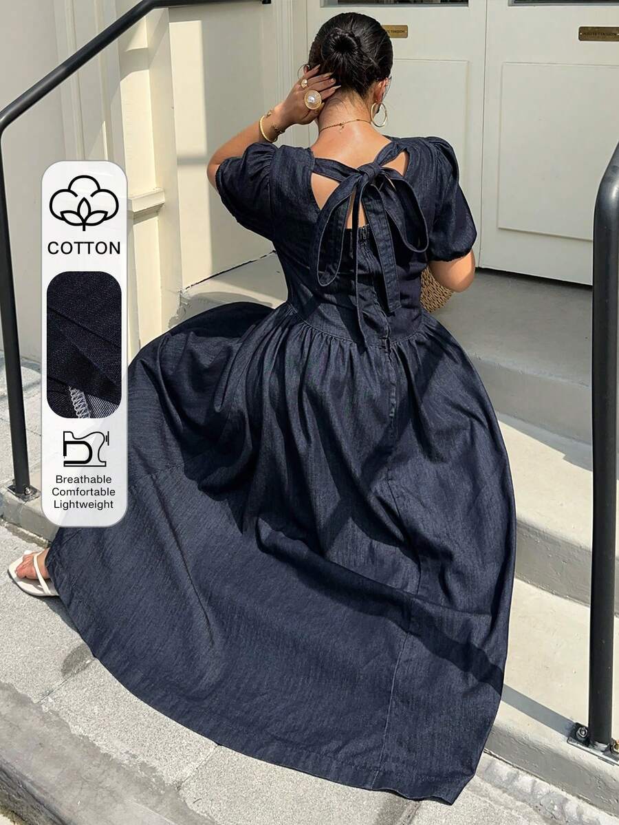 Dazy Plus Lässiges langes Denim Kleid für Damen in Große Größen mit Rundhalsausschnitt, Kurzarm, offenem Rücken und Schleifendesign, geeignet für Frühling und Sommer - Dunkle Waschung - Übersicht 1