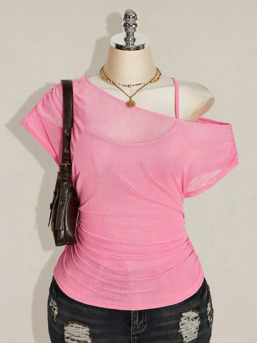 SHEIN ICON 大尺碼夏季休閒素色不對稱領口抽褶腰部T恤 - 粉色 - 查看 1