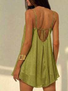 Aloruh Women's Deep V-Neck Spaghetti Strap A-Line Flowy Ruffle Hem Dress, Grass Green - Green - View 2