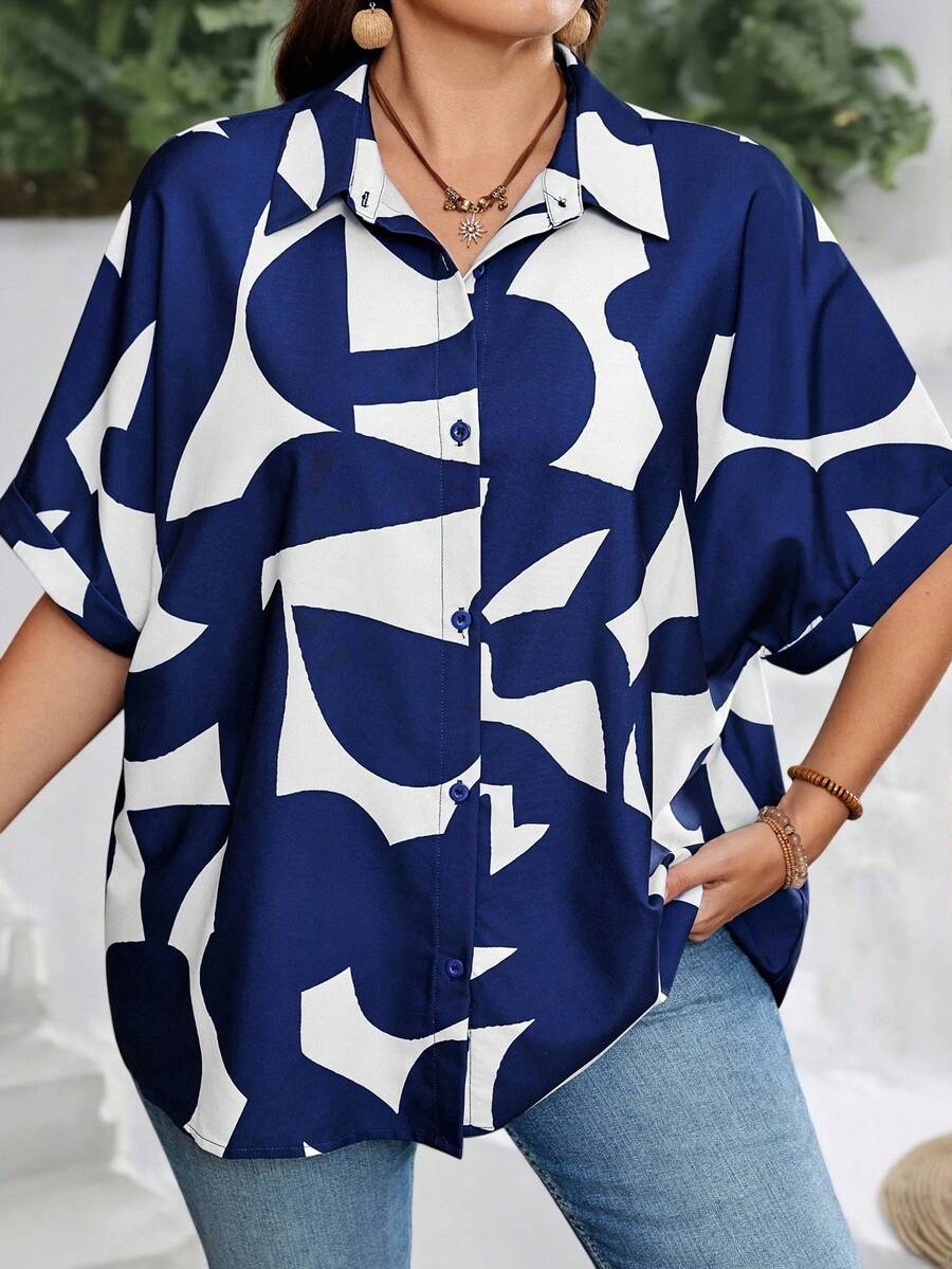 EMERY ROSE Women's Plus Size Geometric Print Single-Breasted Casual Alternative Versatile Daily Outing Shirt, Summer Short Sleeve Button-Up Top - Multicolor - View 1