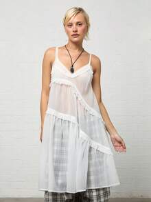COUREZ Semi-Transparent Mid-Length Ruffle Strap Loose Dress/Y2K Autumn Women's Casual Set Autumn Loose Dress Outing Set Holiday Set Autumn Dress - Pearl White - View 5
