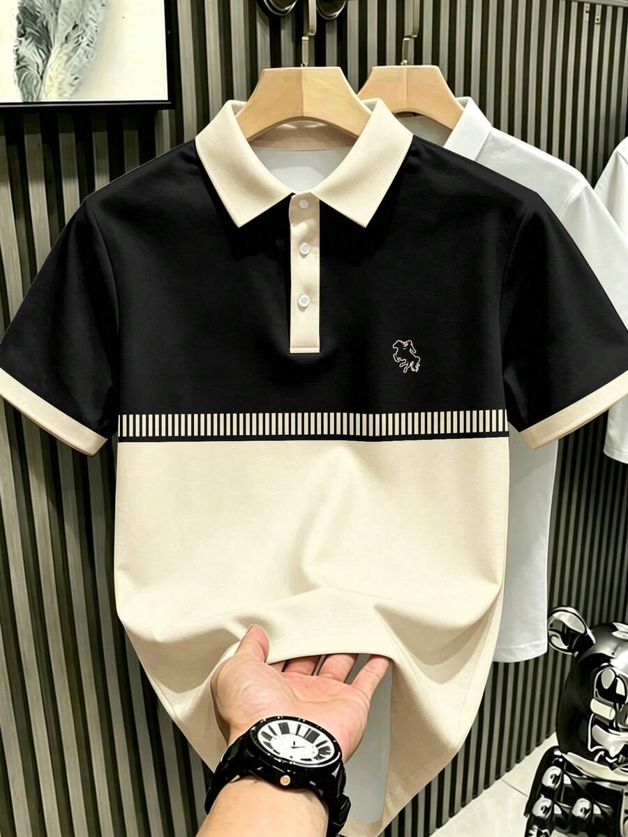 Manfinity Hypemode Men's Retro Sports Style Colorblock Patchwork & Striped Noble Horse Logo Silhouette Polo Shirt - Multicolor - View 1