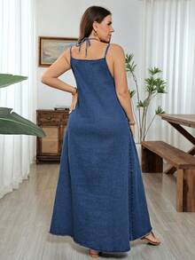 EMERY ROSE Plus Size Women's Button Casual Daily Outing Denim Strappy Dress - Blue - View 2