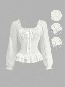 Sweetra Plus Size Women Solid Color Pleated Casual Versatile Daily Outing Long Sleeve Shirt Fall - White - View 1