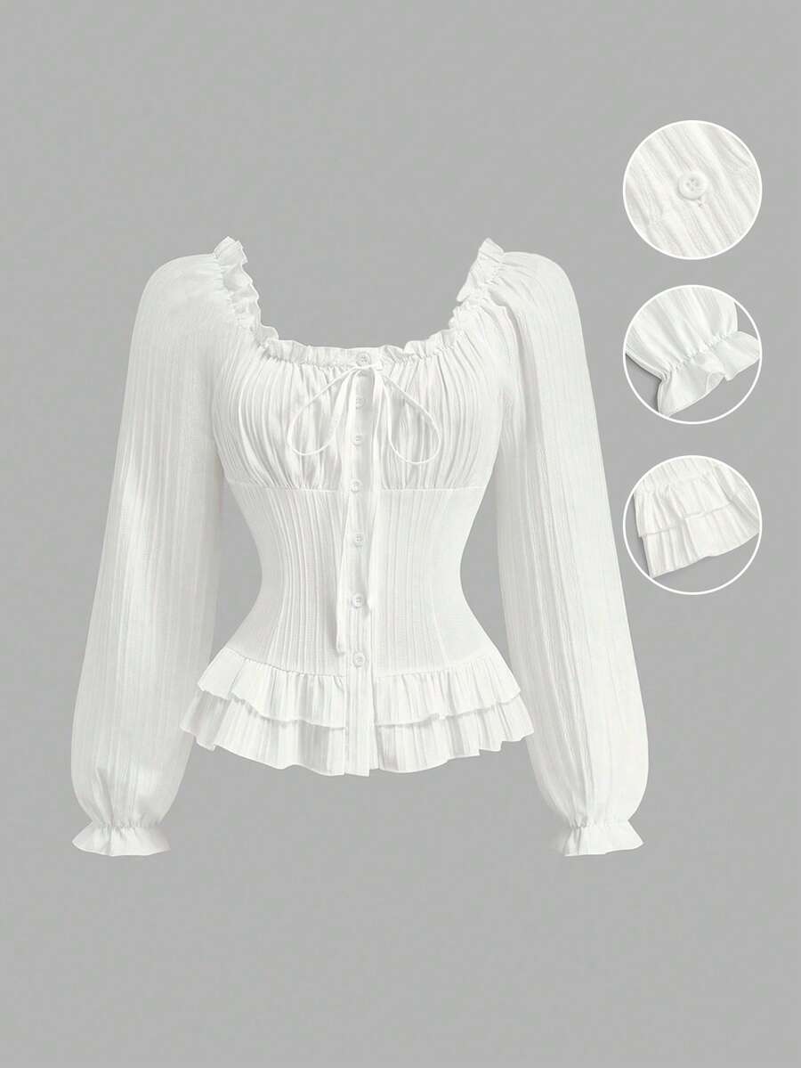 Sweetra Plus Size Women Solid Color Pleated Casual Versatile Daily Outing Long Sleeve Shirt Fall - White - View 1