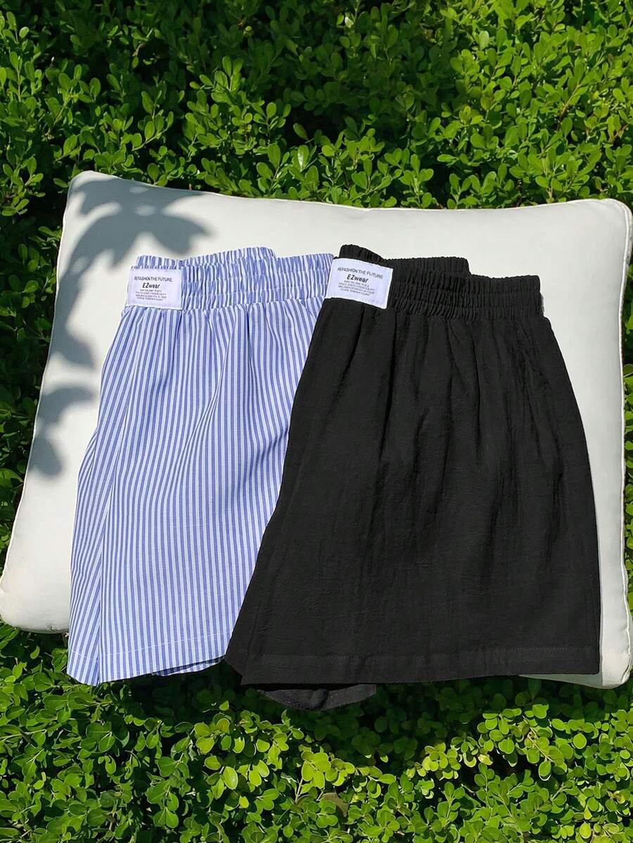 Comfortcana 2pcs/Set Celana Pendek Longgar Kasual Musim Panas Wanita, Set Lilitan Tali Serut Hitam dan Pita Linen, Cocok untuk Liburan Pantai, Sangat Pendek - MultiWarna - View 1