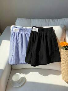 Comfortcana 2pcs/Set Celana Pendek Longgar Kasual Musim Panas Wanita, Set Lilitan Tali Serut Hitam dan Pita Linen, Cocok untuk Liburan Pantai, Sangat Pendek - MultiWarna - View 5