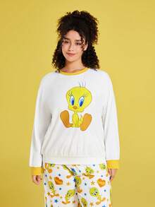 LOONEY TUNES X SHEIN 加大码宽松拼色黄色和白色 Tweety 印花长袖上衣和裤子睡衣套装，适合秋冬季穿着， - 白色 - 查看 6