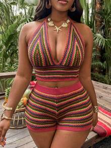 Slaydiva Plus Size Women's Vacation Striped Cropped Halter Neck Cover Up Top And Cover Up Shorts Set - Multicolor - View 1