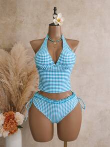 Swim Mod 夏季海灘女款兩件式泳衣套裝 黑白波點印花荷葉邊上衣 側抽繩比基尼泳褲 - 寶藍色 - 查看 3