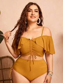Swim Chiccia Plus Size Women's 2-Piece Solid Color Spaghetti Strap Off-Shoulder Ruffle Drawstring Split Swimsuit, Fashionable Elegant Boho Beach Vacation Butter - Yellow - View 1