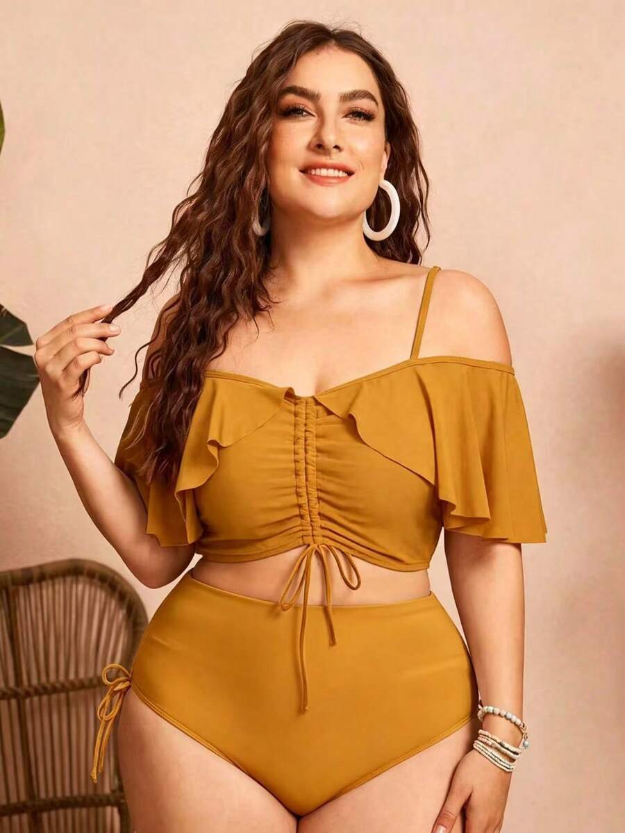 Swim Chiccia Plus Size Women's 2-Piece Solid Color Spaghetti Strap Off-Shoulder Ruffle Drawstring Split Swimsuit, Fashionable Elegant Boho Beach Vacation Butter - Yellow - View 1