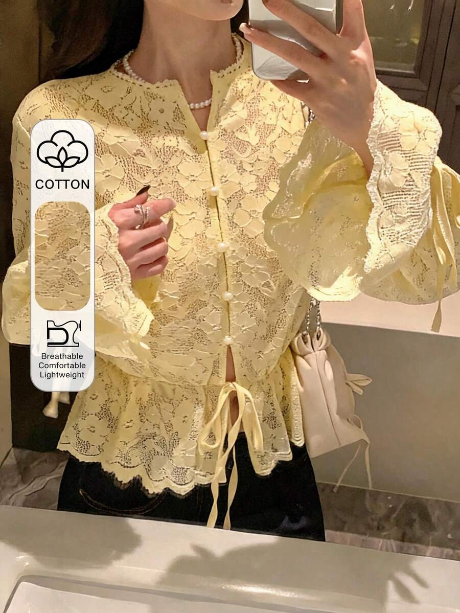 DAZY 女款純色蕾絲拼接抽繩下擺荷葉邊綁帶優雅度假風襯衫，春秋長袖 - 黃色 - 查看 1