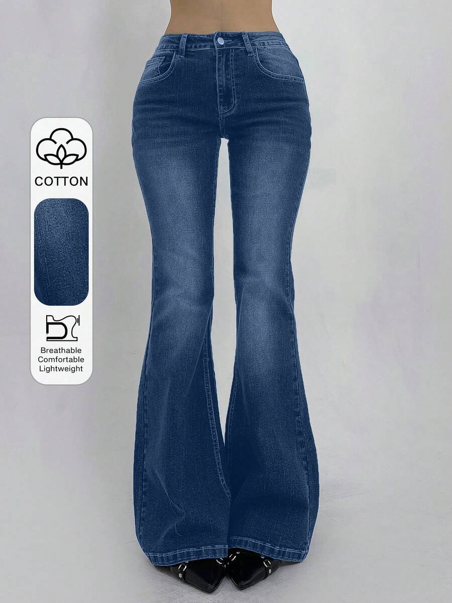 DAZY Distressed Wash Slim Fit Flare Leg Jeans With Pockets For Women Back-To-School Everyday Graduation Blue Summer 2000s Casual - Medium Wash - View 1
