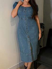 Dazy Plus Dark Wash Blue Square Neck Puff Sleeve Fitted Maxi Denim Dress, Spring/Summer - Dusty Blue - View 7