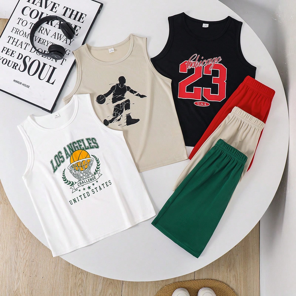 Set de 6 piezas de camiseta de tirantes de manga corta con gráfico de letra suelta y pantalones cortos casuales para niños preadolescentes, adecuado
