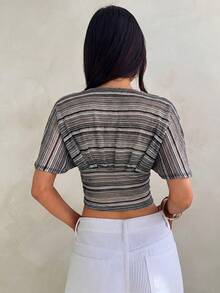 Aloruh Apricot Deep V-Neck Ruched Short Sleeve Loose Top Tight Bottom Women's T-Shirt - Black and White - View 2