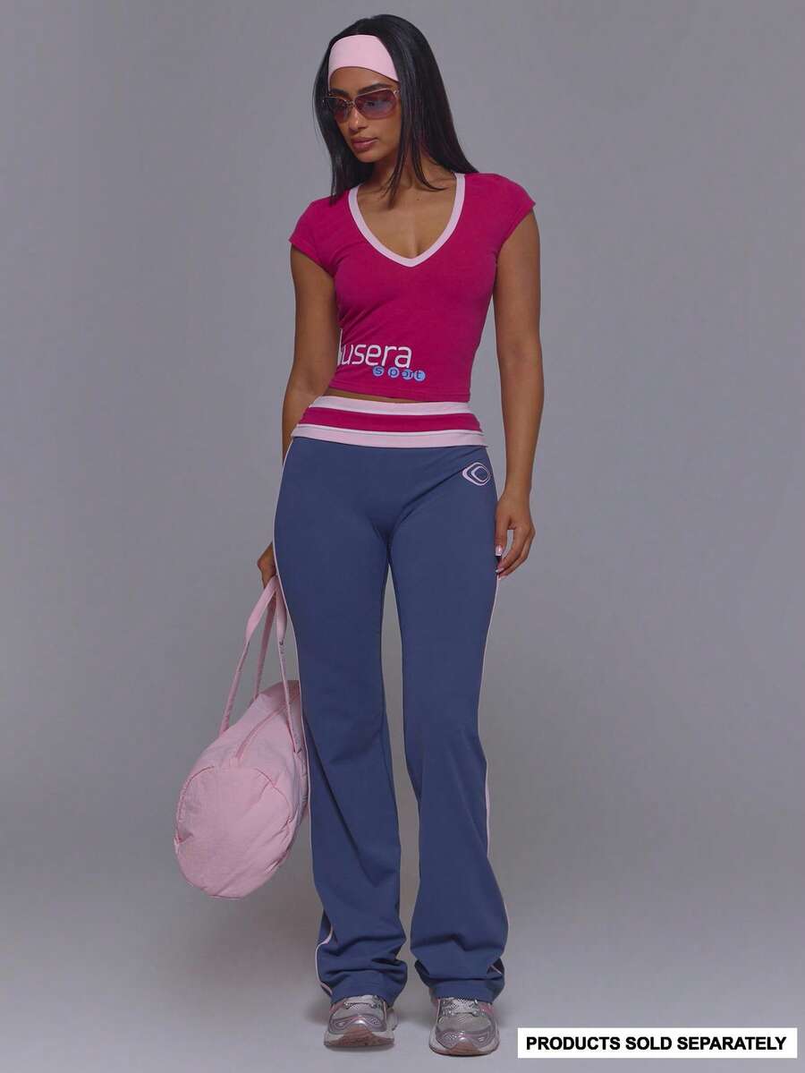 Musera Sport Sport Navy Striped Fold Over Waist Contrast Colour Side Stripe Straight Leg Active Leggings - Iron Gray - View 1