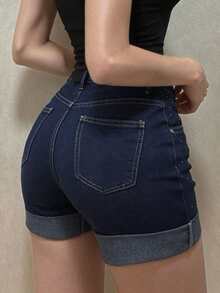 DAZY 女款中腰水鑽裝飾性感休閒牛仔短褲 Y2K - 深色水洗藍 - 查看 3